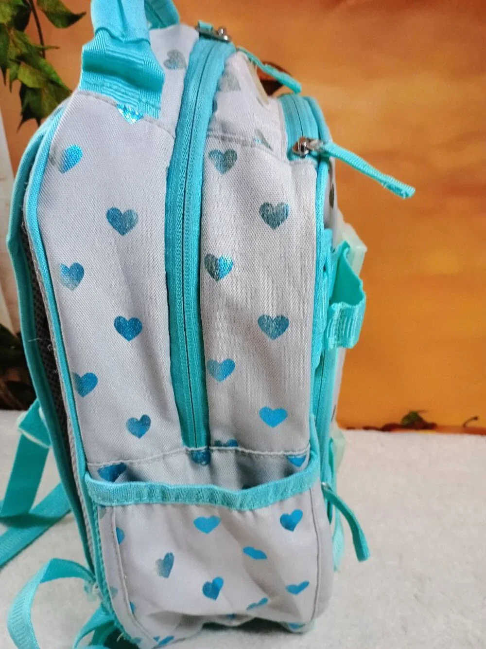 VGUC Kids Pottery Barn Aqua & Gray Glitter Heart Backpack School Bookbag